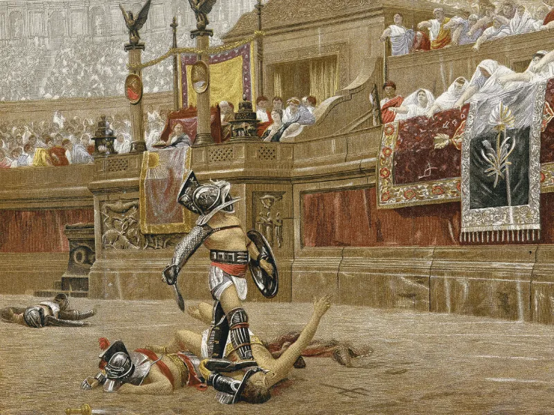 Gladiators fighting in the Colosseum arena